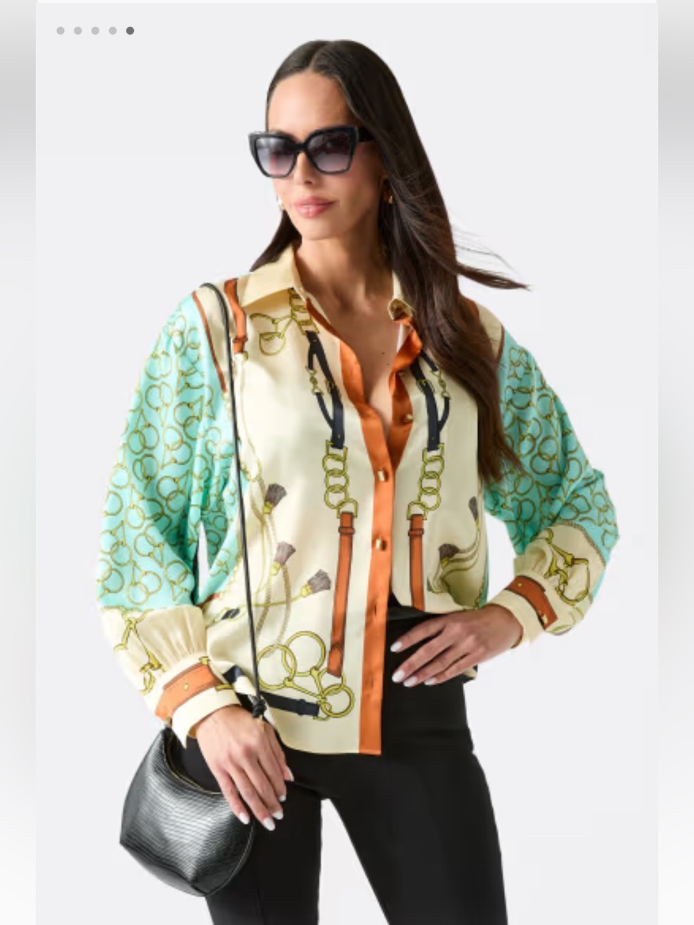 Silk-Feel Chain Print Button-Up Blouse in Mint & Cream - Size L